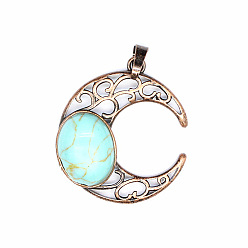 Бирюза Ретро полые подвески из натуральной бирюзы, луна подвески, с красной медной металлической фурнитурой, 34x30 мм