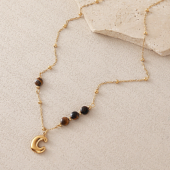 Letter C European Faceted Natural Tiger Eye 304 Stainless Steel Alphabet Pendant Necklaces, Golden, Letter C, 18.90 inch(48cm)