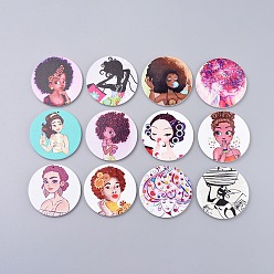Couleur Mélangete Grands pendentifs en bois imprimés, teint, rond plat avec dame de la mode, couleur mixte, 60x2.5mm, Trou: 1.5mm