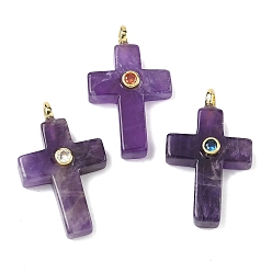 Аметист Подвески из натурального аметиста , Подвески в виде креста с фурнитурой из латуни, инкрустированной микрофиброй (случайного цвета)., золотые, 30x17.5~18x6.5~7 мм, отверстие : 2.7 мм
