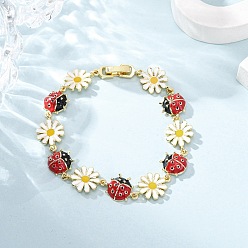 Настоящее золото 18K Браслеты из латунных звеньев для женщин, ладубуг и цветок, с эмалью, долговечный, стойки покрытие, без свинца и без кадмия, реальный 18 k позолоченный, 7-5/8 дюйм (19.5 см), божья коровка: 15.5x12x4.5 мм, Цветок: 18x11.5x2 мм