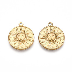 Настоящее золото 18K 304 подвески из нержавеющей стали, ионное покрытие (ip), плоский круглый с солнечными чарами, реальный 18 k позолоченный, 20x18x2 мм, отверстие : 1.2 мм