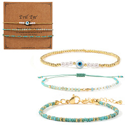 Бирюза 3шт. 3 стильные браслеты из латуни, стекла и бусин из натурального зеленого авантюрина, Браслет с подвеской «злой глаз» для женщин, с открытки, бирюзовые, 6.89 дюйм (17.5 см) ~ 11.02 дюйм (28 см)