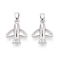 Платина Латунные микро проложить кубического циркония подвески, прелести самолета, платина, 15x12x3.5 мм, отверстие : 4.5x2.5 мм
