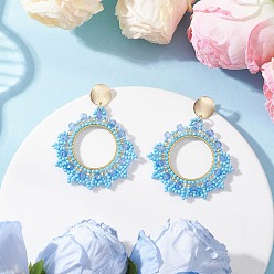 Синий Серьги-гвоздики из плетеного стеклянного бисера, серьги-подвески из латуни с цветочным кольцом, синие, 59x48 мм