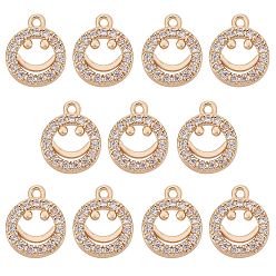 Light Gold 10Pcs Rack Plating Brass Micro Pave Clear Cubic Zirconia Charms, Long-Lasting Plated, Flat Round with Smiling Face, Light Gold, 12.5x10x2mm, Hole: 1.2mm