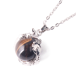 Tiger Eye Natural Tiger Eye Round Ball Pendants, Sphere Charms with Metal Dragon Wrapped, Platinum, 16mm