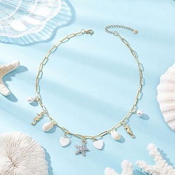 Серый Женские латунные ожерелья-скрепки из сплава эмали, морской звезды, морского конька и натуральной ракушки, золотые, серые, 16.54 дюйм (42 см)
