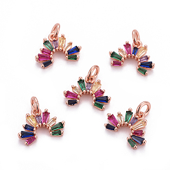 Rose Gold Brass Micro Pave Cubic Zirconia Charms, with Jump Rings, Rainbow, Colorful, Rose Gold, 10x13.5x2.5mm, Hole: 2.5mm