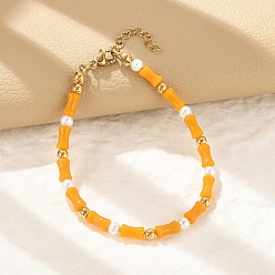 Седло Коричневый 304 браслеты из нержавеющей стали с бусинами для женщин, колонка, с бусинами из стекла, стали и пластика, имитирующими жемчуг, седло коричневый, 7-3/8 дюйм (18.7 см)