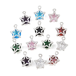 Platinum Brass Glass Pendants, Star Charms, Faceted, Mixed Color, Platinum, 13x10.5x6.5mm, Hole: 1.6mm