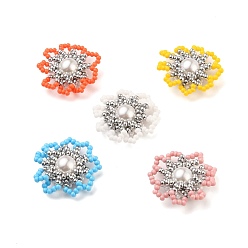 Mixed Color Handmade Glass Seed Beads Woven Beads, with Plastic Imitation Pearl Beads, Flower, Mixed Color, 22~26x8mm