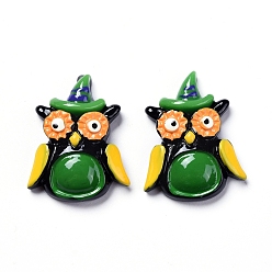 Colorful Halloween Theme Opaque Resin Cabochons, for Jewelry Making, Owl, with Magic Hat, Flat Back, Colorful, 29x22.5x7.5mm
