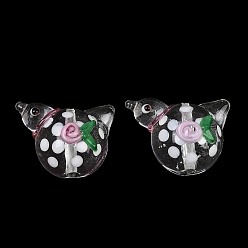 Clear Handmade Lampwork Beads, Peace Dove with Flower, Clear, 19x25x11mm, Hole: 1.8mm