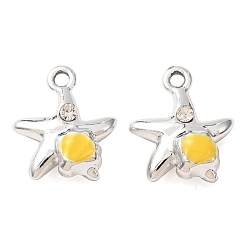 Yellow Alloy Enamel Pendants, Starfish with Shell Shape Charms, with Crystal Rhinestone, Platinum, Yellow, 13.5x11.5x5.5mm, Hole: 1.5mm