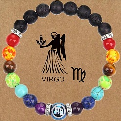 Дева 12 созвездия 7 чакра натуральная лава, агат, аметист, тигровый глаз, бирюза и стеклянные круглые бусины, растягивающиеся браслеты, Дева, 7-1/4 дюйм (18.5 см)