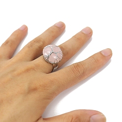 Rose Quartz Metal Wire Wrapped Natural Rose Quartz Open Cuff Rings, Flat Round with Tree of Life Ring for Men , Adjustable 