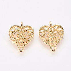 Настоящее золото 18K Соединители латунные звенья, без никеля , сердце, реальный 18 k позолоченный, 13x10x2.5 мм, отверстие : 1 мм