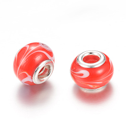 Red Rondelle Lampwork Large Hole European Beads, with Silver Color Plated Brass Cores, Red, 13~14x10~11mm, Hole: 5mm