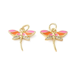 Pink Латунные микропаве прозрачные подвески с фианитом, с эмалью, стрекоза прелести, реальный 18 k позолоченный, розовые, 14.5x16.5x2.5 мм, отверстие : 3.5 мм