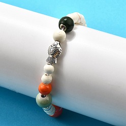 (52) Непрозрачная лаванда Фарфоровые бусины и синтетические бусины говлита эластичные браслеты для женщин, с подвеской в виде рыбки из сплава и синтетической морской звезды из говлита, разноцветные, внутренний диаметр: 2 дюйм (5 см)