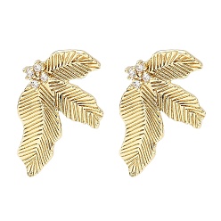 Лист Латунные микро-паве прозрачные серьги-гвоздики из циркония, реальный 14 k позолоченный, лист, 28x15.5 мм, отверстие : 1.2 мм, штифты : 1 мм