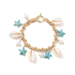 Golden Natural Shell & Shell Pearl & Synthetic Starfish Charm Bracelet, Aluminium Chains Ocean Bracelet for Women, Golden, 7-1/4 inch(18.3cm)