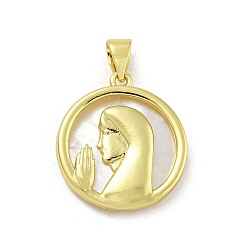 Настоящее золото 18K Стойки с латунным покрытием, подвески из натуральных ракушек, плоские круглые подвески с рисунком монахини, без кадмия и без свинца, долговечный, реальный 18 k позолоченный, 20.5x18x3 мм, отверстие : 3x5 мм