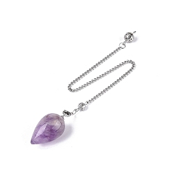 Amethyst Natural Amethyst Dowsing Pendulum Pendants, with Iron Chain, Teardrop Charms, 245~250mm, Hole: 1.8~2mm