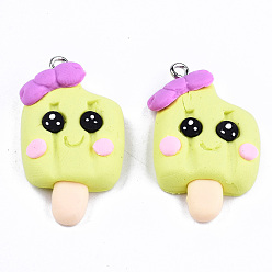 Yellow Handmade Polymer Clay Charms, with Platinum Tone Iron Findings, Ice Cream, Yellow, 32~33.5x19~20x7mm, Hole: 2mm