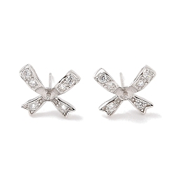 Real Platinum Plated 925 Sterling Silver Micro Pave Cubic Zirconia Earring Settings Findings, for Half Drilled Beads, Bowknot, Real Platinum Plated, 11x13mm, Pin: 0.8x10mm