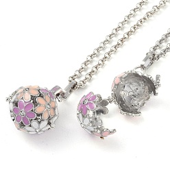 Pearl Pink Brass Enamel with Rhinestone Pendant Necklaces, Iron Rolo Chains, Round with Flower Pattern, Platinum, Pearl Pink, 31.89 inch(810mm)