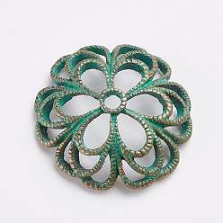 Antique Bronze & Green Patina Tibetan Style Alloy Fancy Bead Caps, 6-Petal, Flower, Antique Bronze & Green Patina, 24x6mm, Hole: 2mm