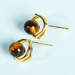 Tiger Eye Natural Tiger Eye Studs Earrings, Jewelry for Women, Golden, 9.8mm
