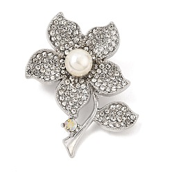 Platinum Flower Alloy Rhinestone Lapel Pin Brooches, with Plastic Imitation Pearl, Platinum, 51x36mm