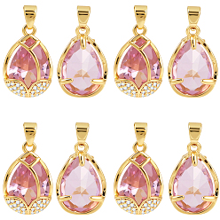 Золотой 8 шт. Стеклянные подвески, подвески-капли из латуни с паве из кубических цирконий, золотые, 18.5x12x7 мм, отверстие : 3.5x2.5 мм