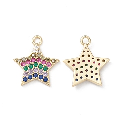 Real 18K Gold Plated Rack Plating Brass Micro Pave Colorful Cubic Zirconia Pendants, Star Charms, Long-Lasting Plated, Cadmium Free & Lead Free, Real 18K Gold Plated, 17x14.5x2mm, Hole: 1.6mm