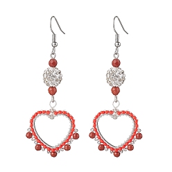 Stainless Steel Color 304 Stainless Steel Linking Ring Dangle Earring, Natural Red Jasper and Glass Beads, Heart, Stainless Steel Color, 73x27mm
