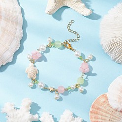 Turtle Synthetic Turquoise Beads Charm Bracelets, with Imitation Jade Glass & ABS Plastic Imitation Pearl Round Beads, Turtle, 7-3/8 inch(18.65cm)