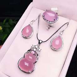 Pink 925 ожерелья, серьги и кольца из стерлингового серебра с микропаве из прозрачных кубических цирконий и натуральным халцедоном, платина, овальные, розовые, 400 мм