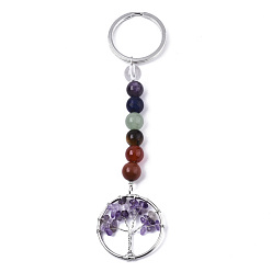 Amethyst Natural Amethyst Chips Chakra Keychain, with Platinum Plated Stainless Steel Split Key Rings and Mixed Stone Round Beads, Flat Round with Tree of Life, 122mm