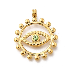 Оливин 304 подвески из нержавеющей стали, со стразами, ионное покрытие (ip), плоский круглый с шармом в виде глаз, реальный 14 k позолоченный, оливина, 23.5x20x2.5 мм, отверстие : 2.5 мм