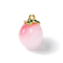 Светло-Вишневый Персиковая непрозрачная смола 3d фруктовые подвески, с листьями из сплава зеленой эмали, золотые, светло-вишневый, 17x12.5x12 мм, отверстие : 1.4 мм