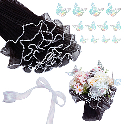 Черный Плиссированная полиэстеровая сетка подарочная упаковка букет упаковка на день святого валентина, с 1 набором бумажных наклеек-бабочек и 1 рулоном лент из полиэстеровой органзы, чёрные, 280 мм