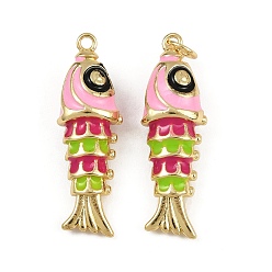 Pink Латунь эмаль подвески, с целью перехода в кольце, очарование рыбы, реальный 18 k позолоченный, стойки покрытие, без свинца и без кадмия, долговечный, розовые, 29x9.5x7 мм, отверстие : 3 мм