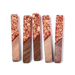 Темно-Красный Подвески из непрозрачной смолы и орехового дерева, прямоугольник амулеты, с блестящей пудрой и золотой фольгой, темно-красный, 51.5~52x7~7.5x3~4 мм, отверстие : 2 мм