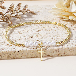 Золотой Шикарные браслеты из латуни и бусин искусственного жемчуга, браслеты с подвесками в виде креста из латуни, золотые