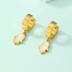 Real 18K Gold Plated Natural Shell Hamsa Hamsa Hand Dangle Hoop Earrings, 304 Stainless Steel Earrings, Real 18K Gold Plated, 28mm