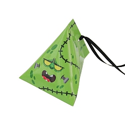 Green Yellow Halloween Cartoon Cardboard Candy Boxes, with Silk Ribbon, Triangle Snake Gift Box, for Halloween Party Supplies, Green Yellow, 9.4x8.4x8cm