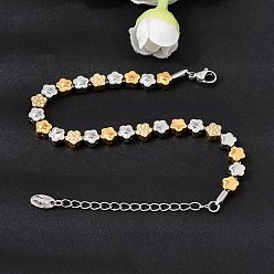 Flower Duo Tone 304 Stainless Steel Micro Pave Clear Cubic Zirconia Beaded Bracelets, Flower, 6.69 inch(17cm), Flower: 6x6x3.5mm